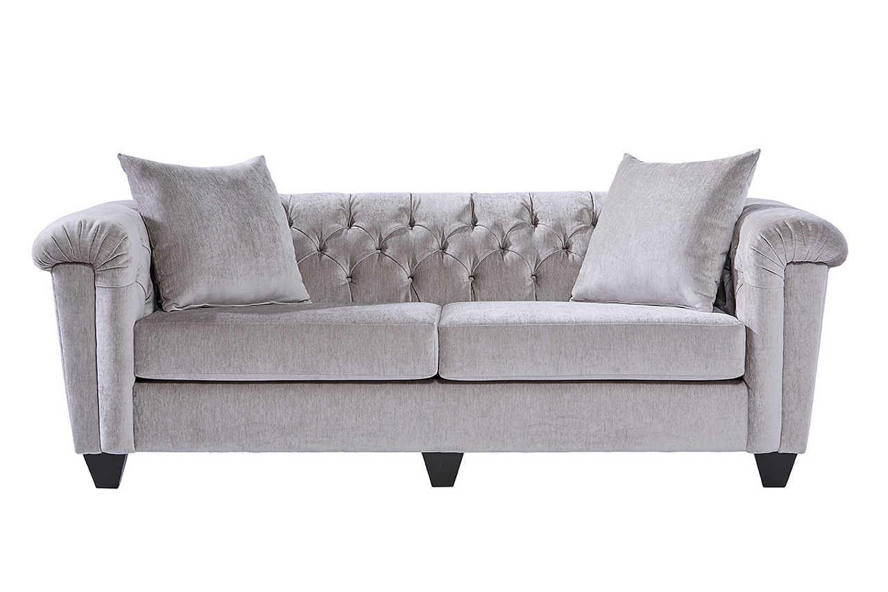 Lush Silver Velvet Upholstered Tufted Sofa front view