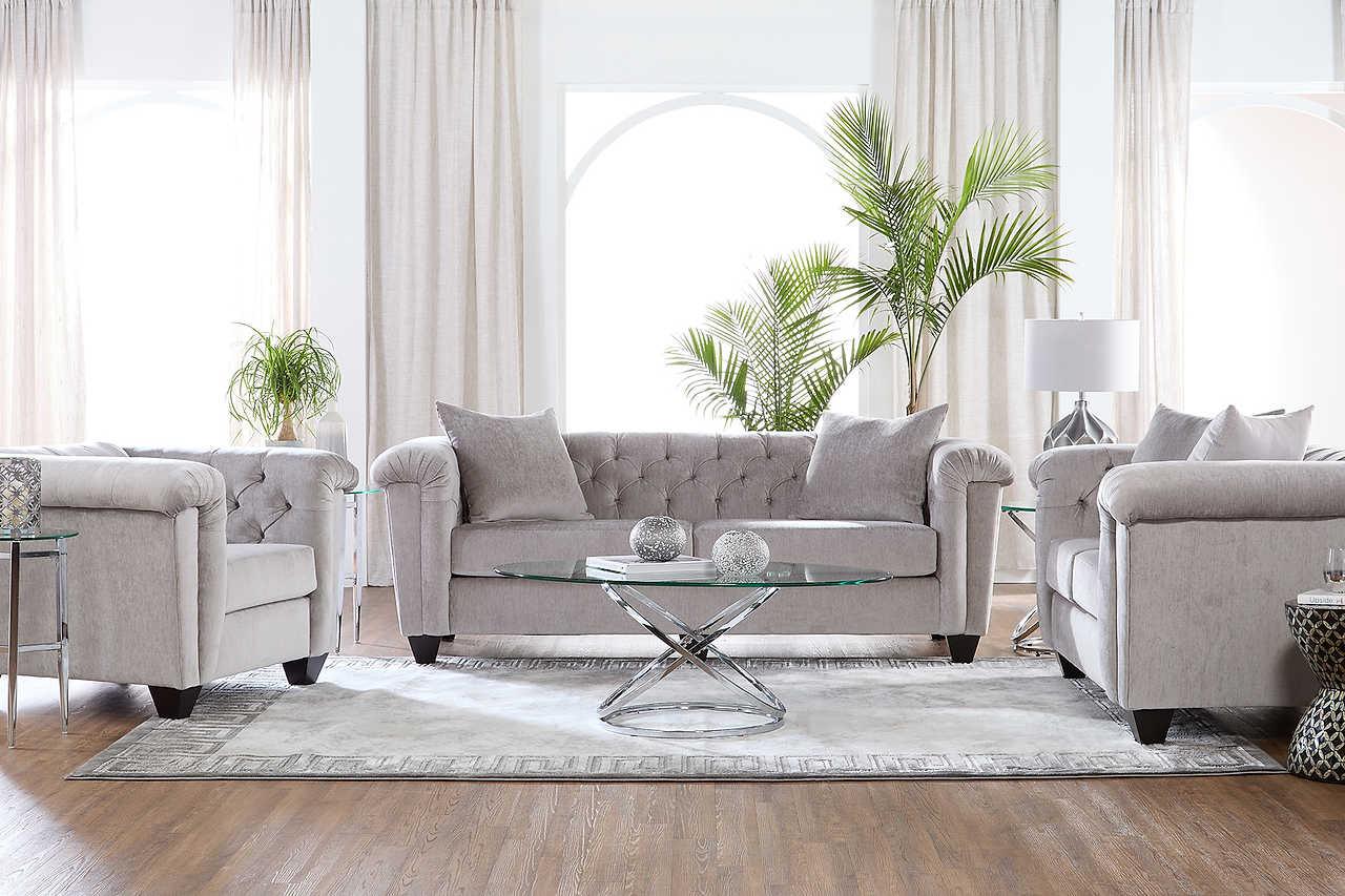 Detail of tufted velvet upholstery on Lush Silver Sofa