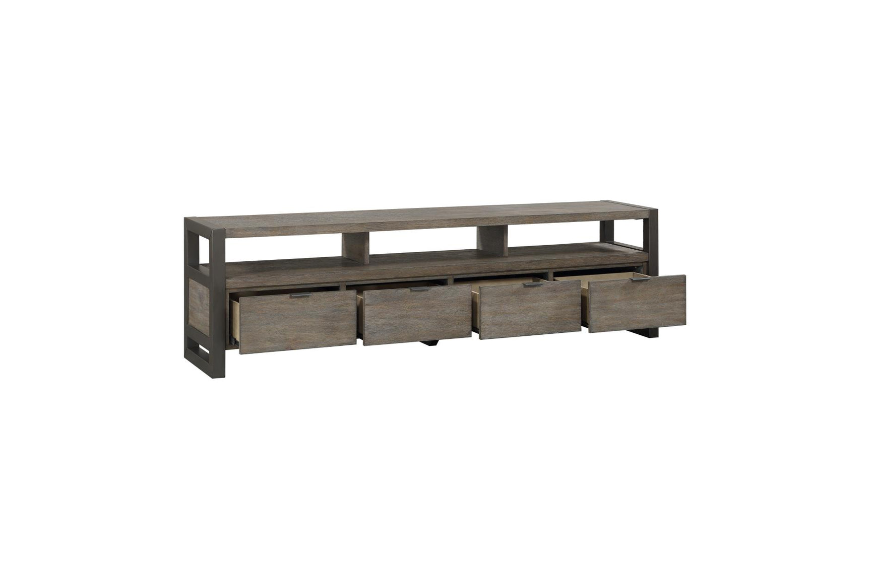 Prudhoe Gray Media Console TV Stand open shelving with media devices