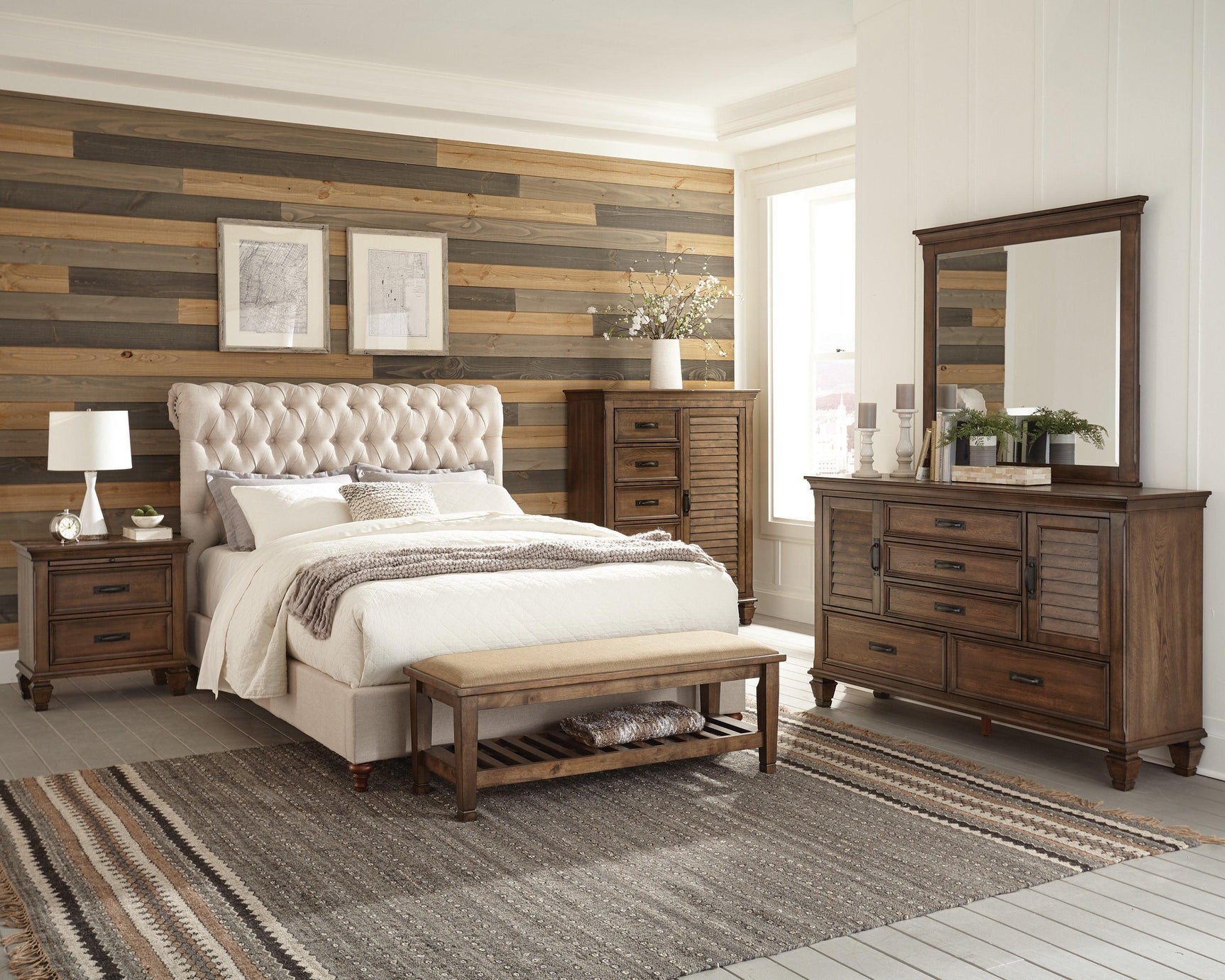 Devon Beige button tufted upholstered Eastern King bed angled side view