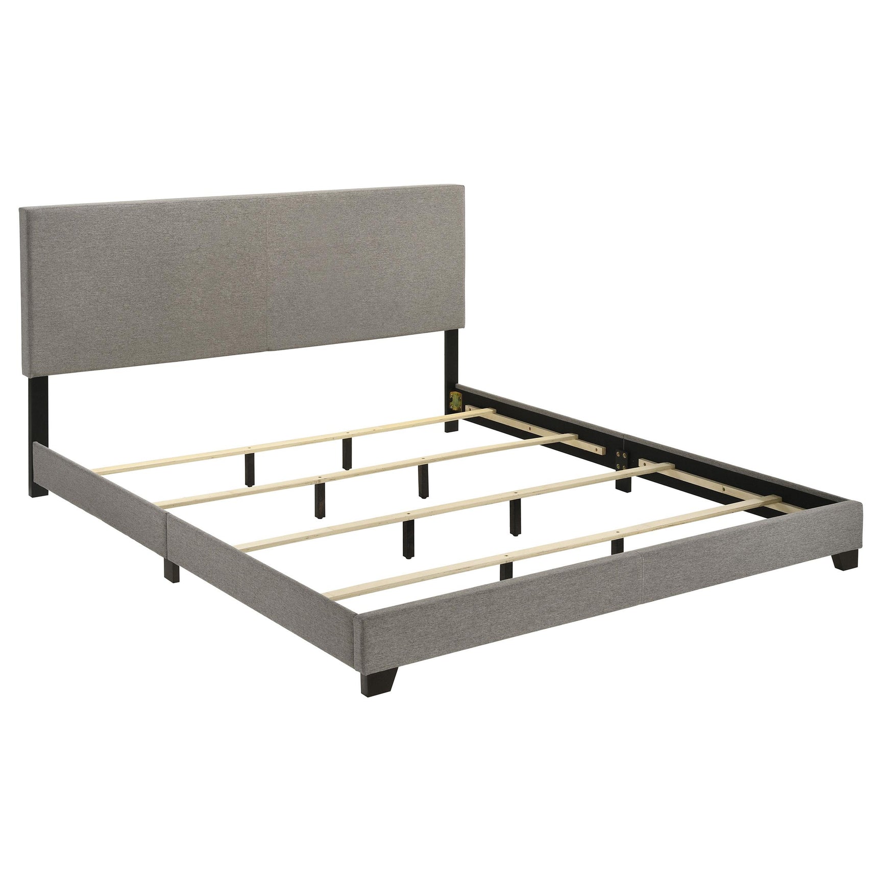 Dorian King Bed side angle showing fabric upholstery and legs