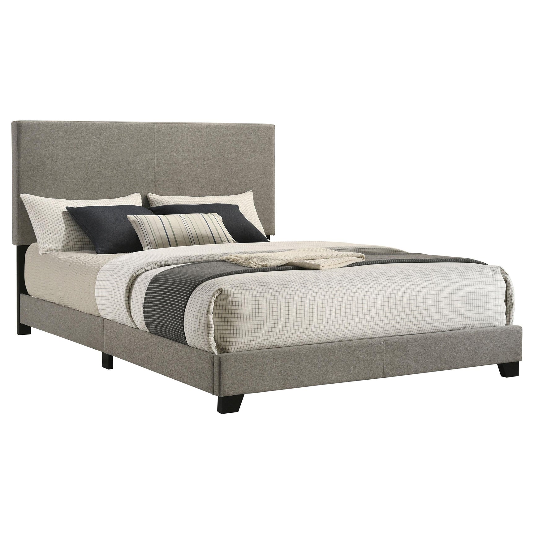Side view of Dorian taupe upholstered panel bed