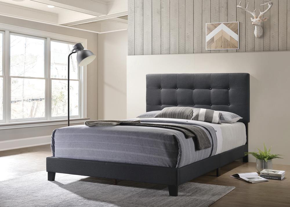 Charcoal upholstered full platform bed front view