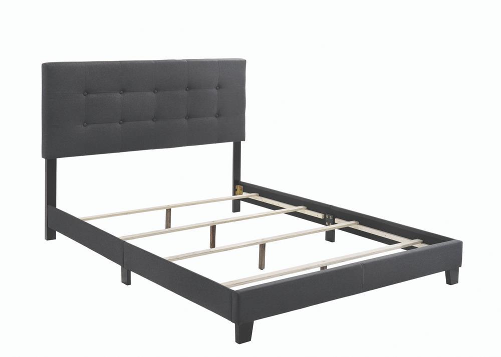 Side view showing charcoal fabric and low platform frame