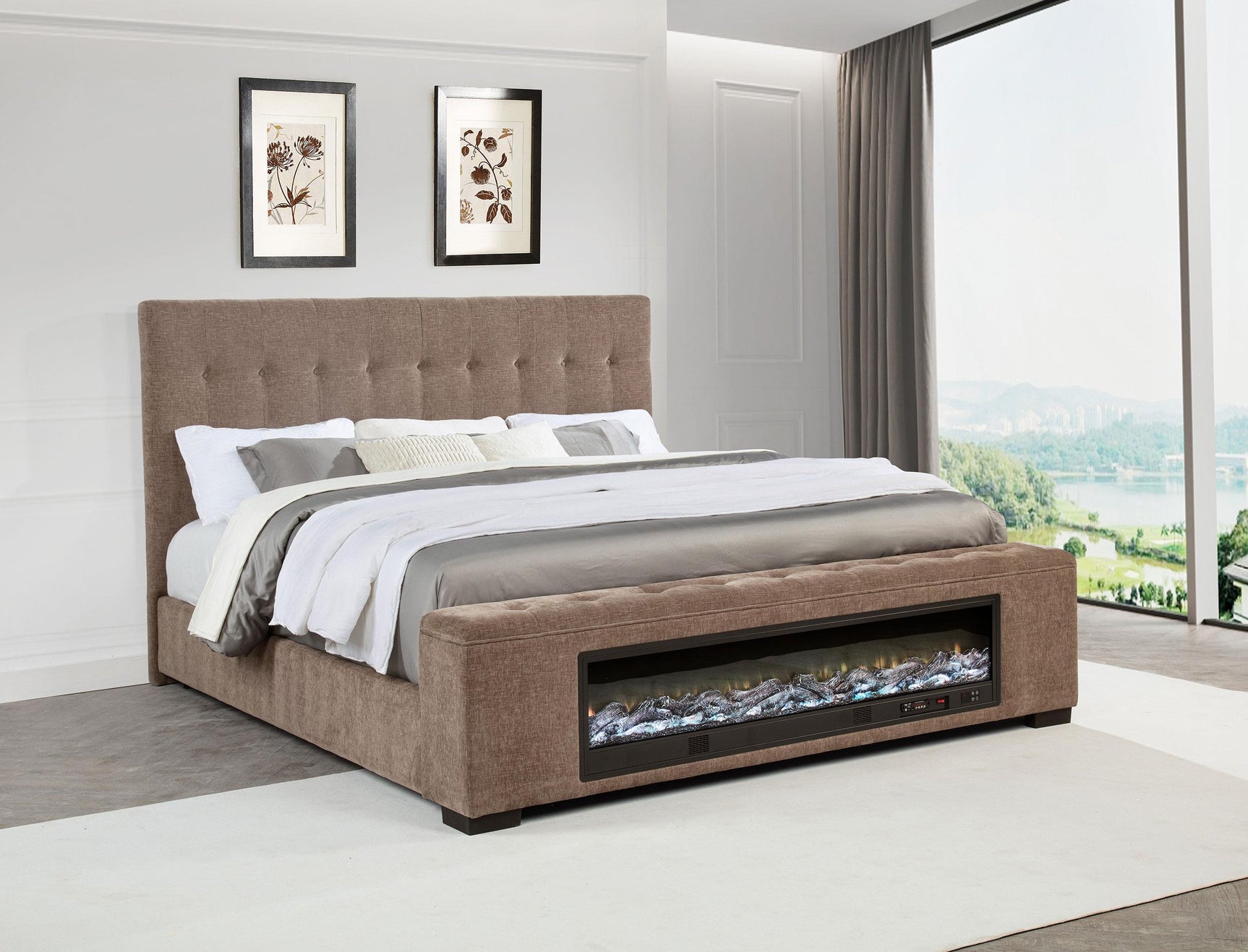 Senna bed close-up of tufted headboard with fabric upholstery
