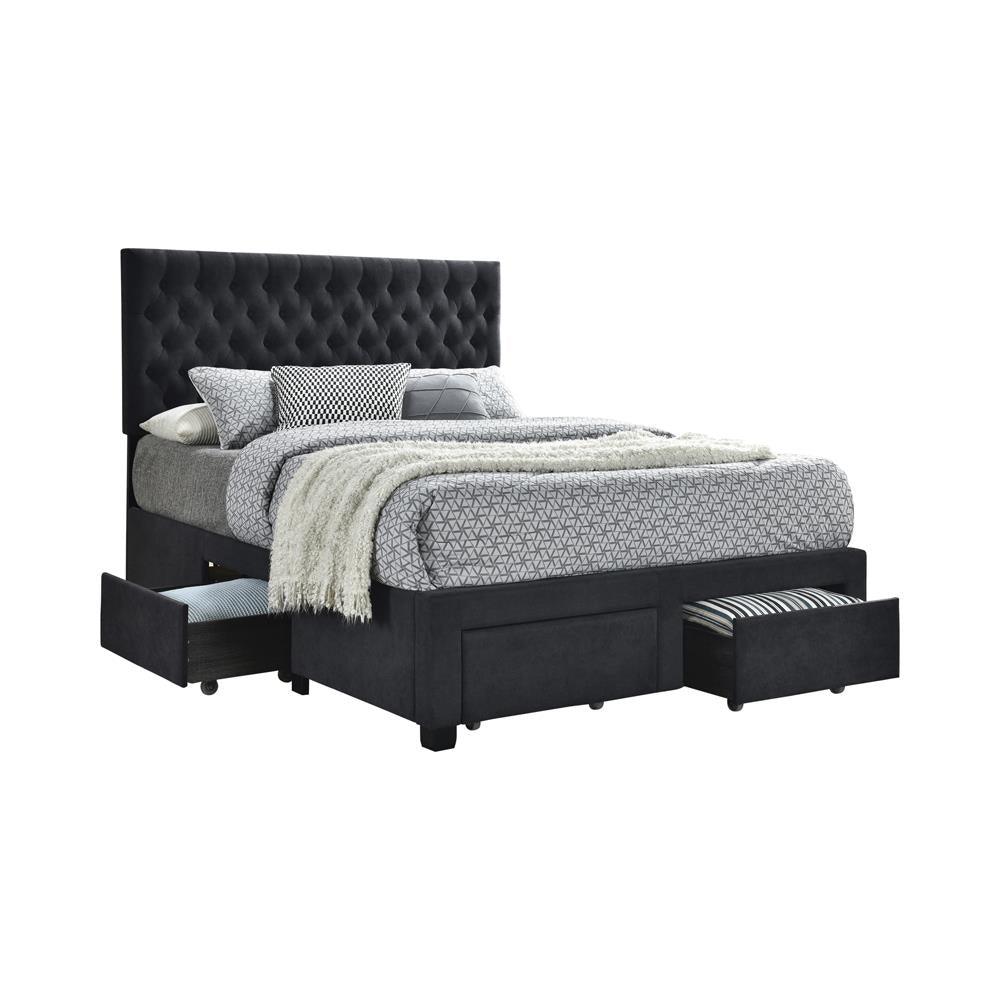 Front view of Soledad Queen Upholstered Storage Bed with button-tufted headboard and storage drawers in charcoal