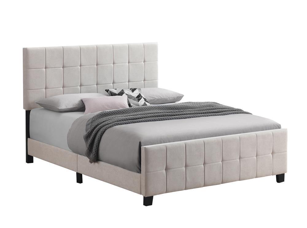 Fairfield King Upholstered Beige Fabric Bed, angled side view