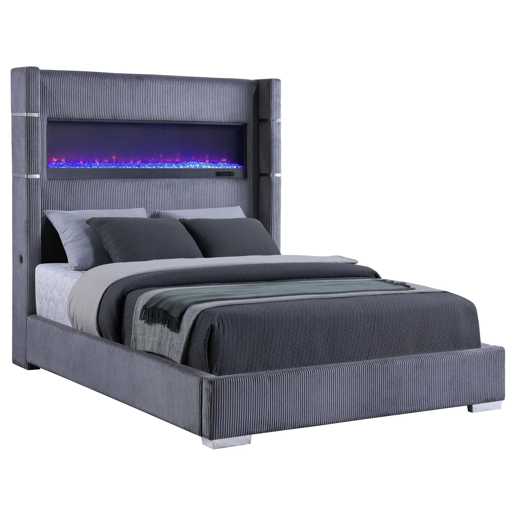 Tisdall queen bed side angle showing upholstered headboard and electric fireplace