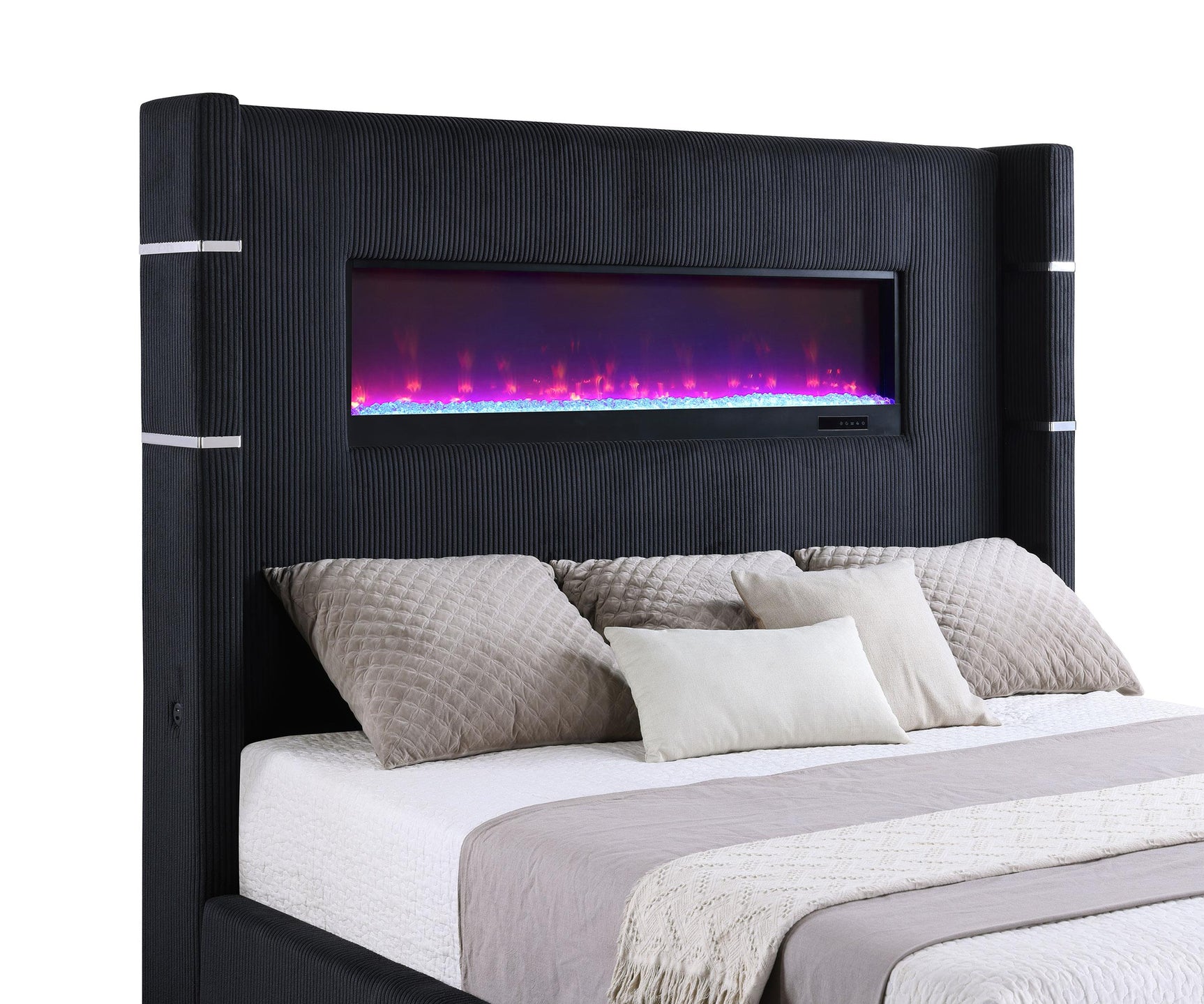 Tisdall 67-inch black upholstered Eastern King bed with integrated LED fireplace, front view