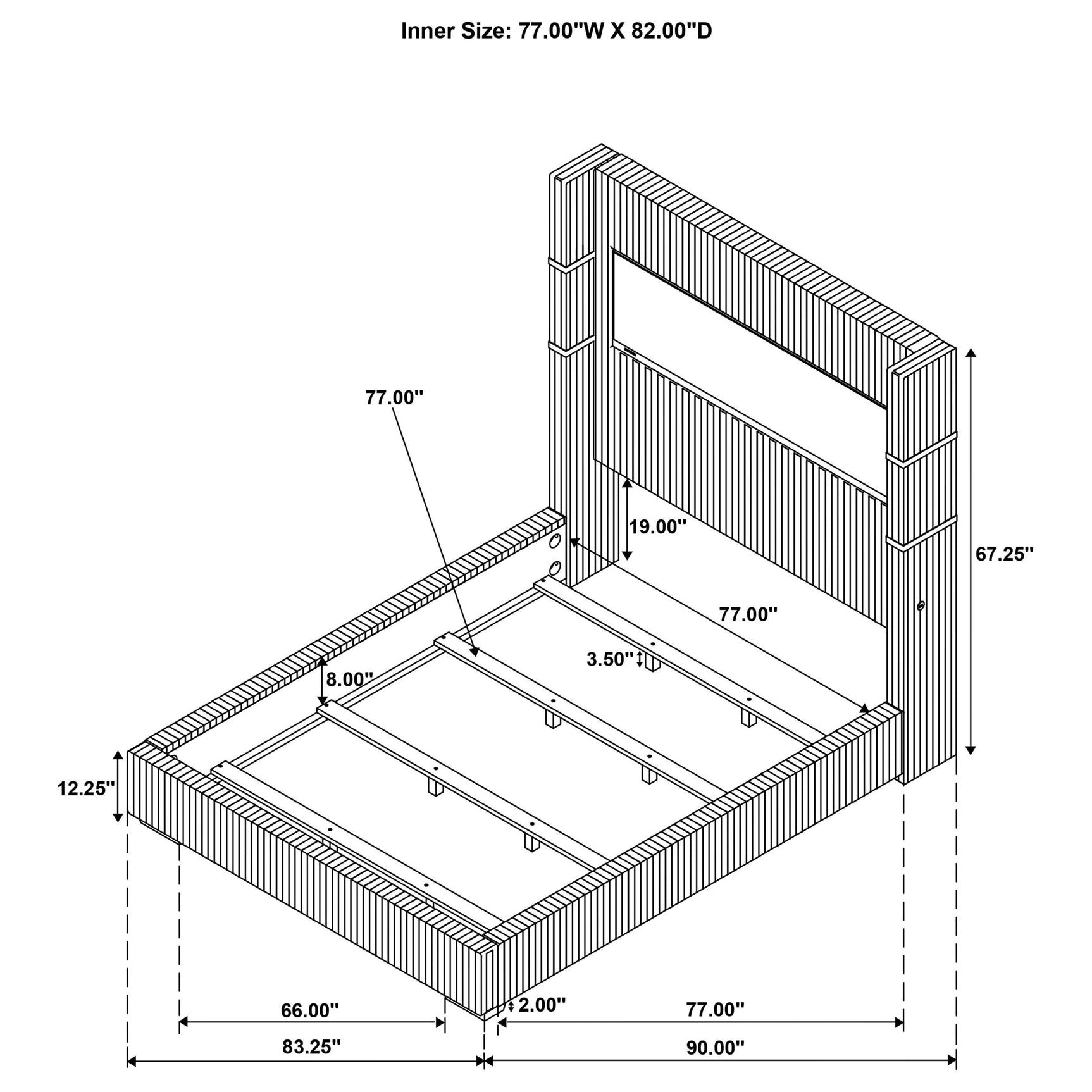 Tisdall 67-inch black upholstered Eastern King bed with integrated LED fireplace, front view