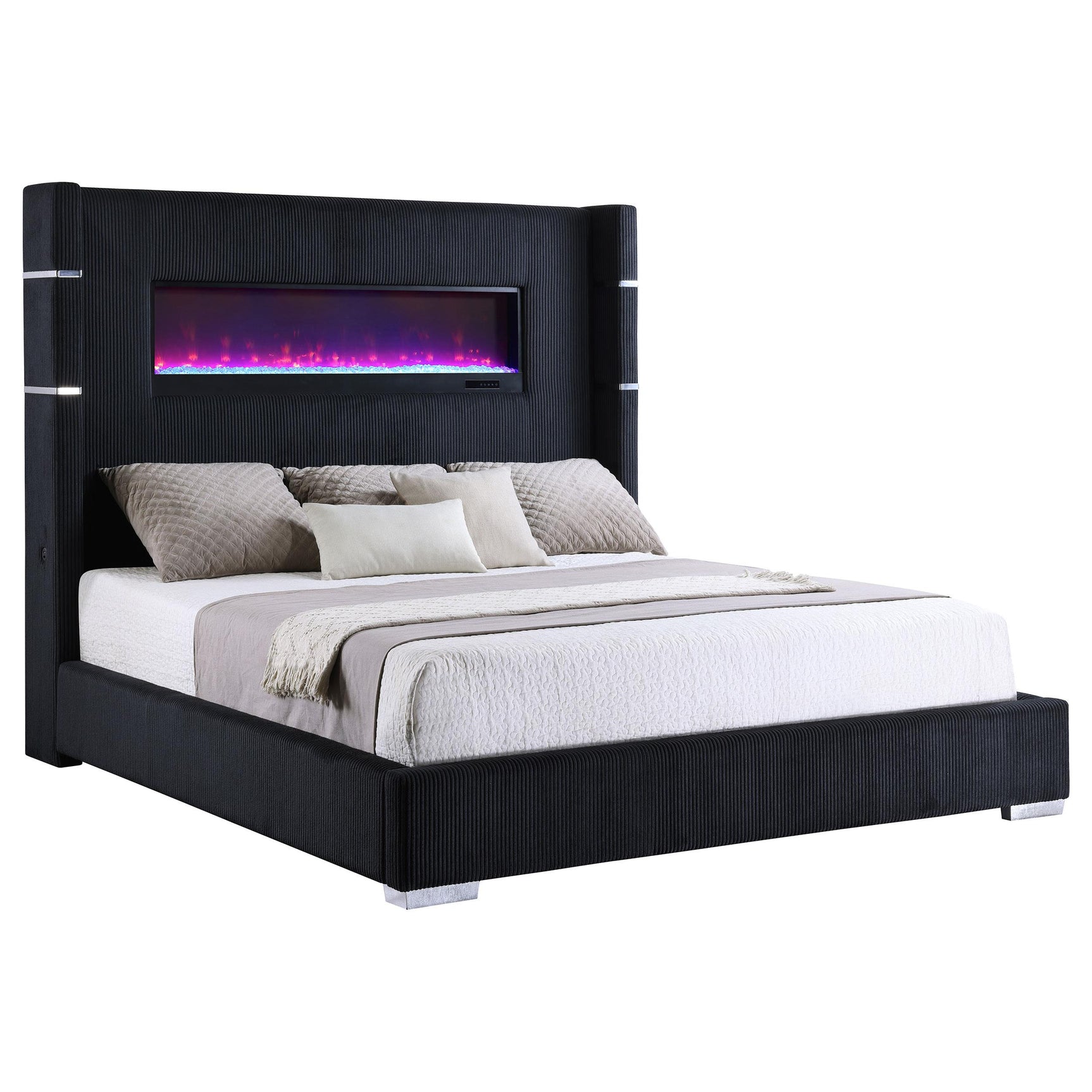 Side angle of Tisdall queen bed showing upholstered frame and flame box