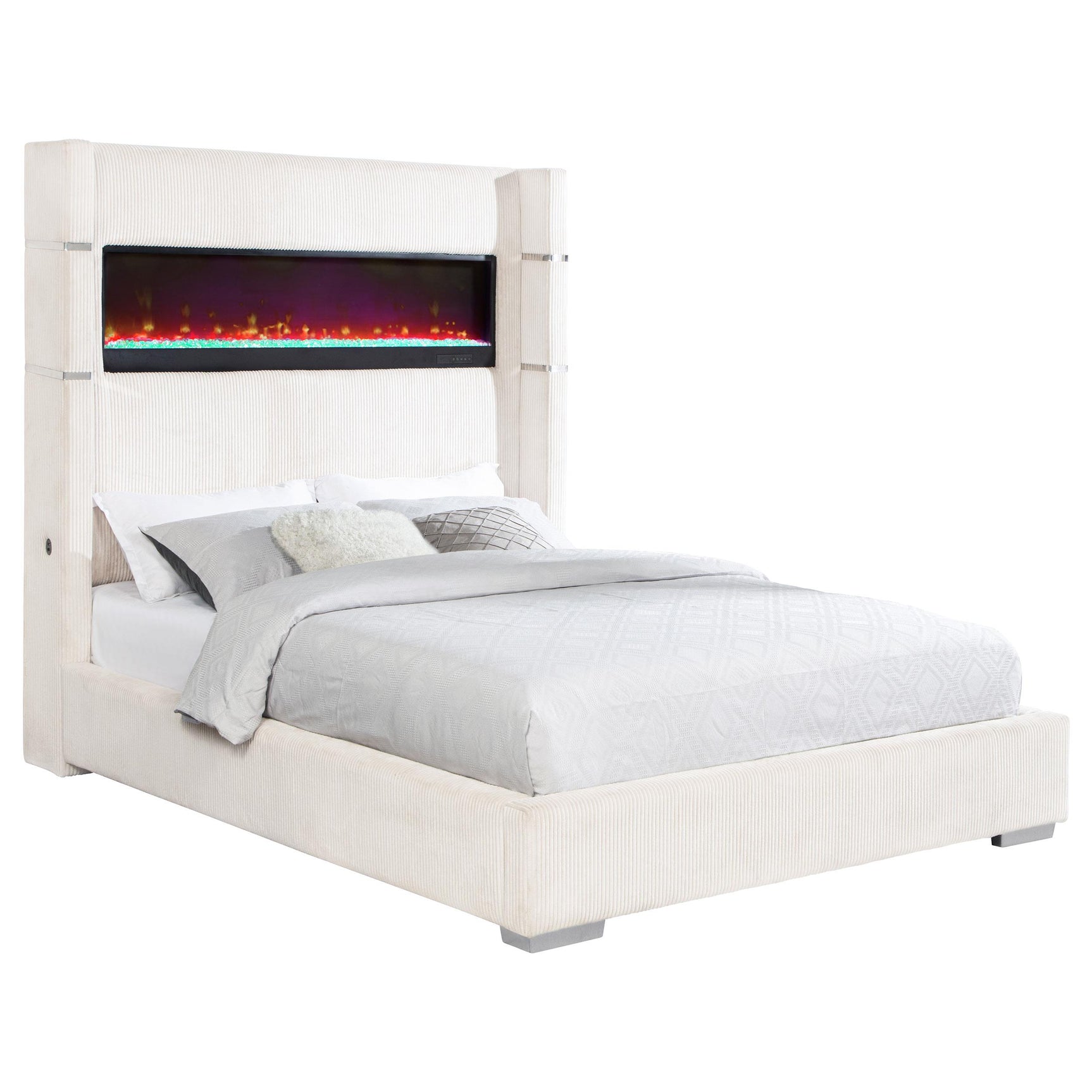 Tisdall 67-inch black upholstered Eastern King bed with integrated LED fireplace, front view