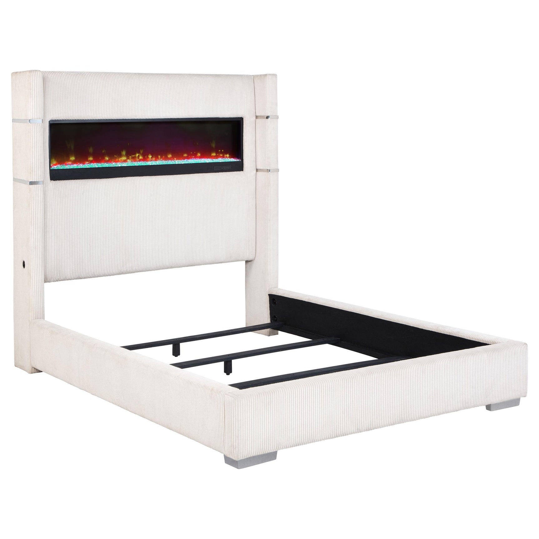 Close-up of the LED fireplace integrated in the Tisdall queen bed headboard