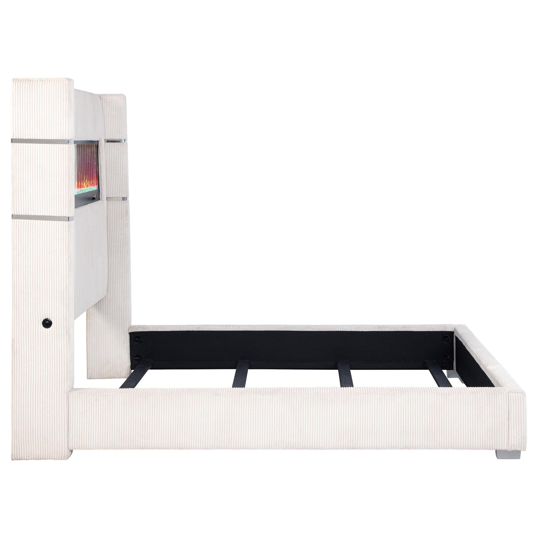 Tisdall queen bed showing four leveler legs and plywood frame