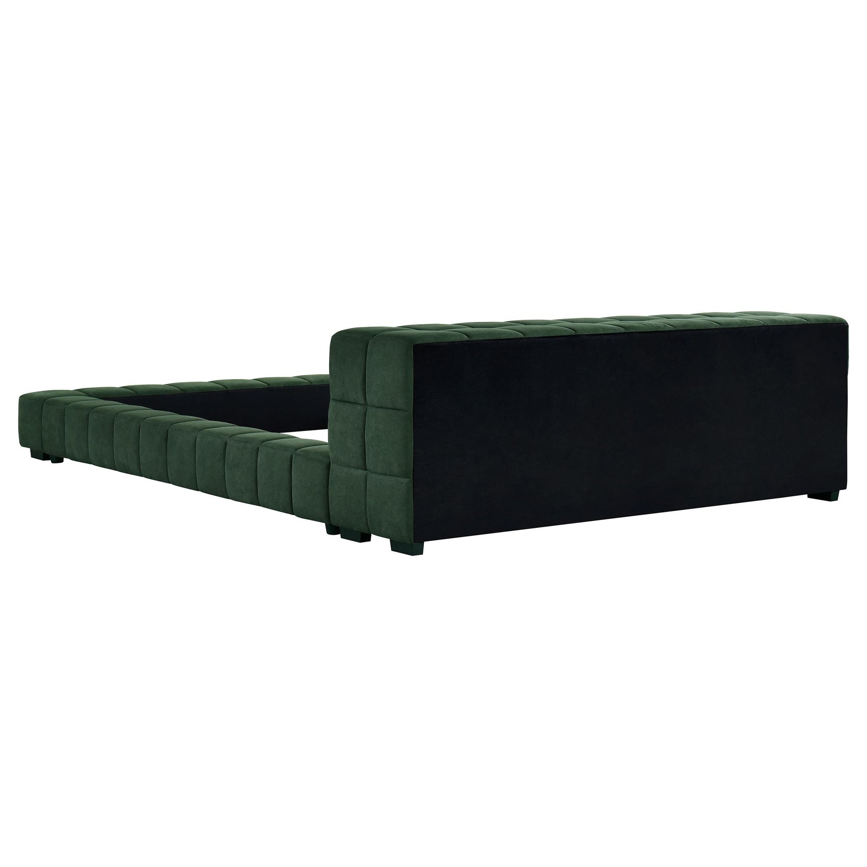 Detail of platform bed frame with fabric upholstery