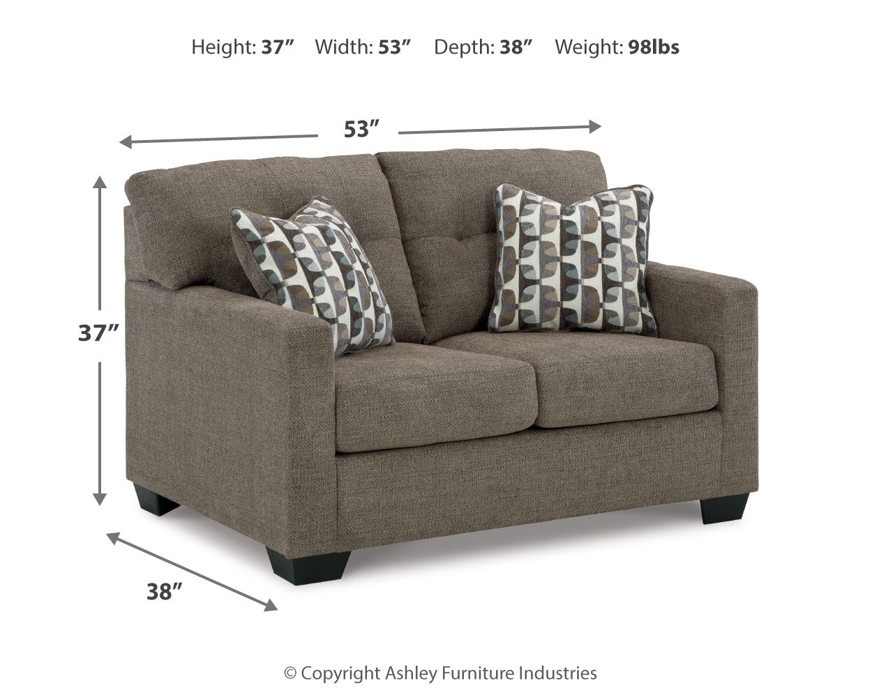 Mahoney Chocolate Sofa and Loveseat measurement detail view
