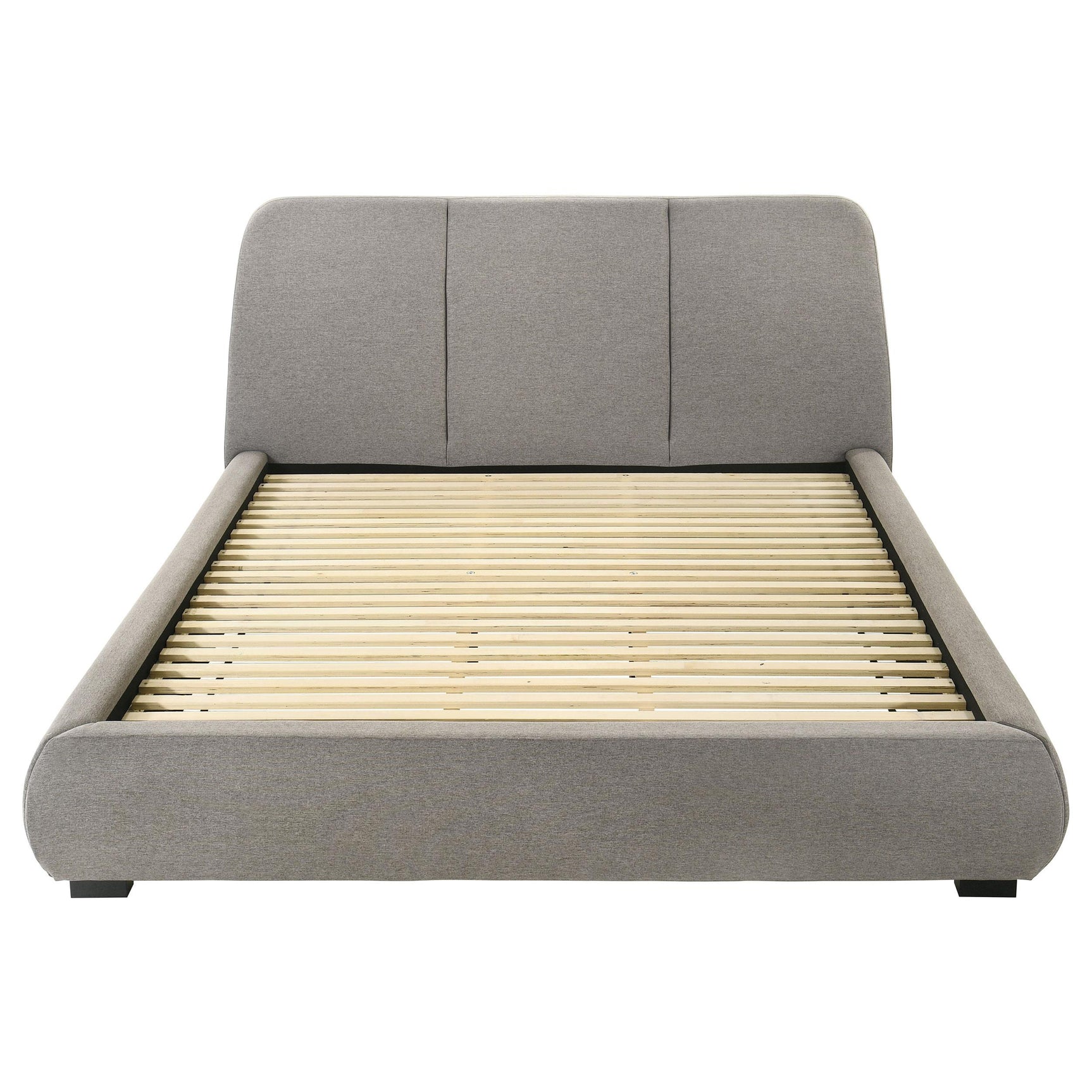 Curved headboard design of Mokena king platform bed taupe