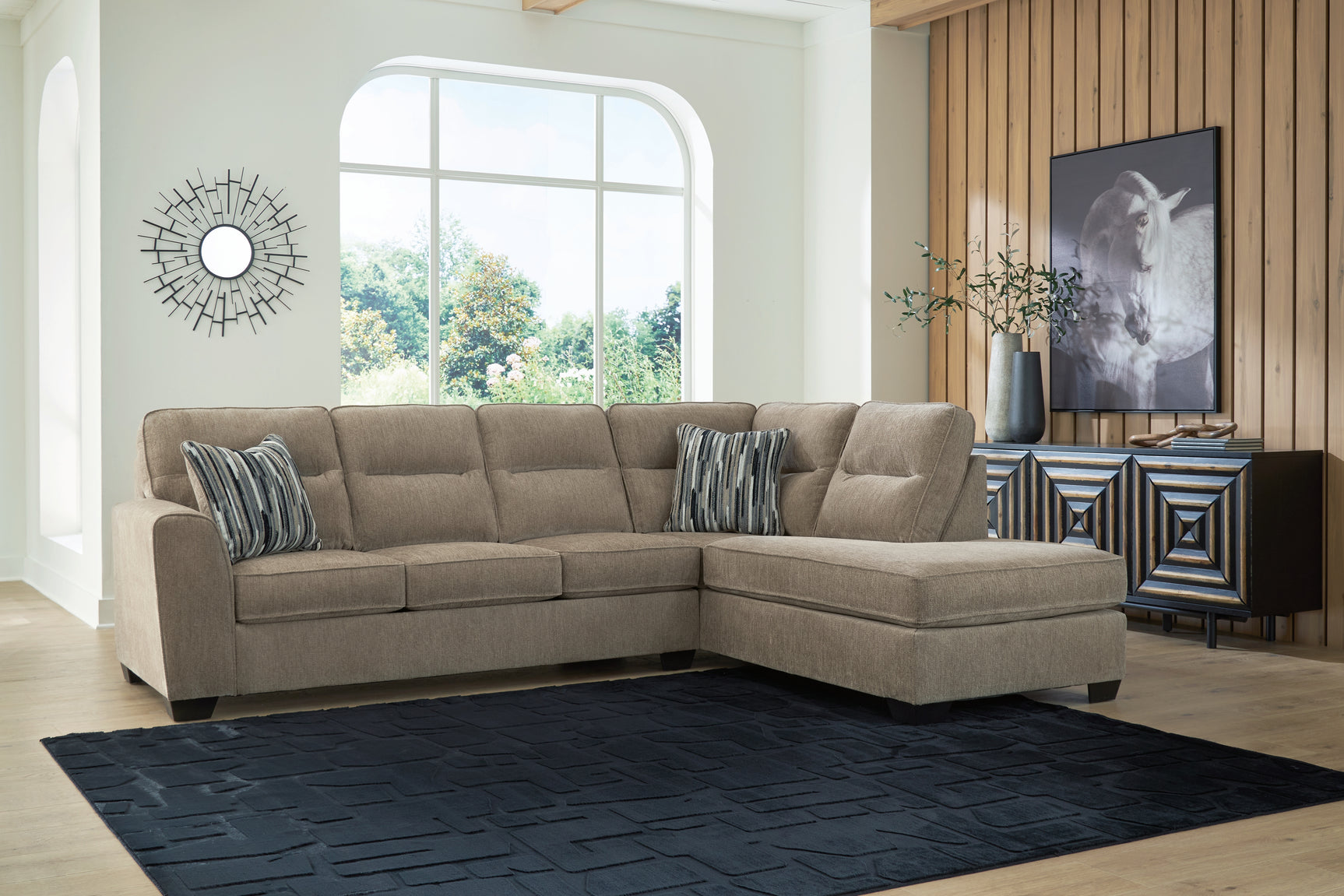 Room setting showcasing Olten Mocha sectional with chaise