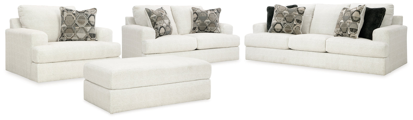 Side view of Karinne linen sofa, loveseat, chair and ottoman furniture