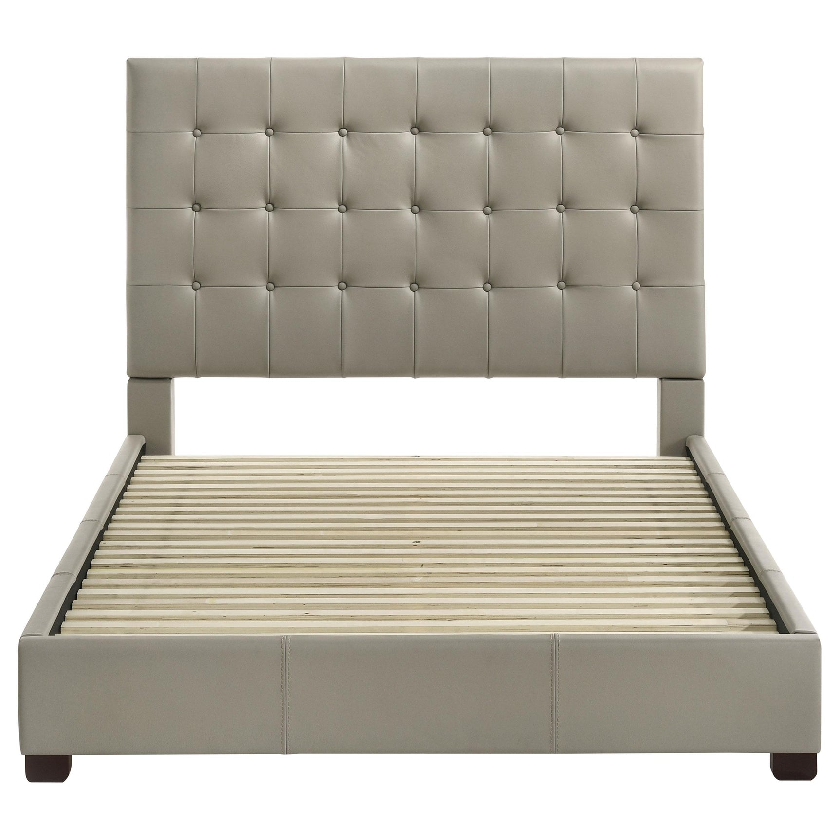 Close-up of grid-tufted leather headboard on Medley queen bed