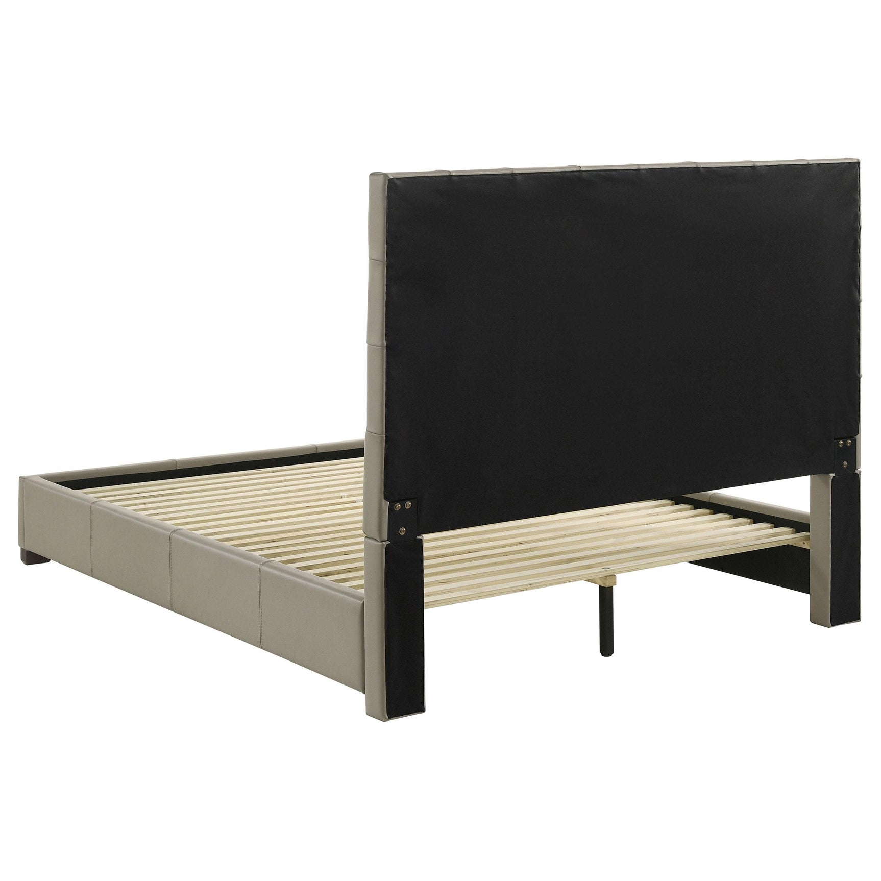 Medley queen platform bed showing sleek leather rails and wood legs