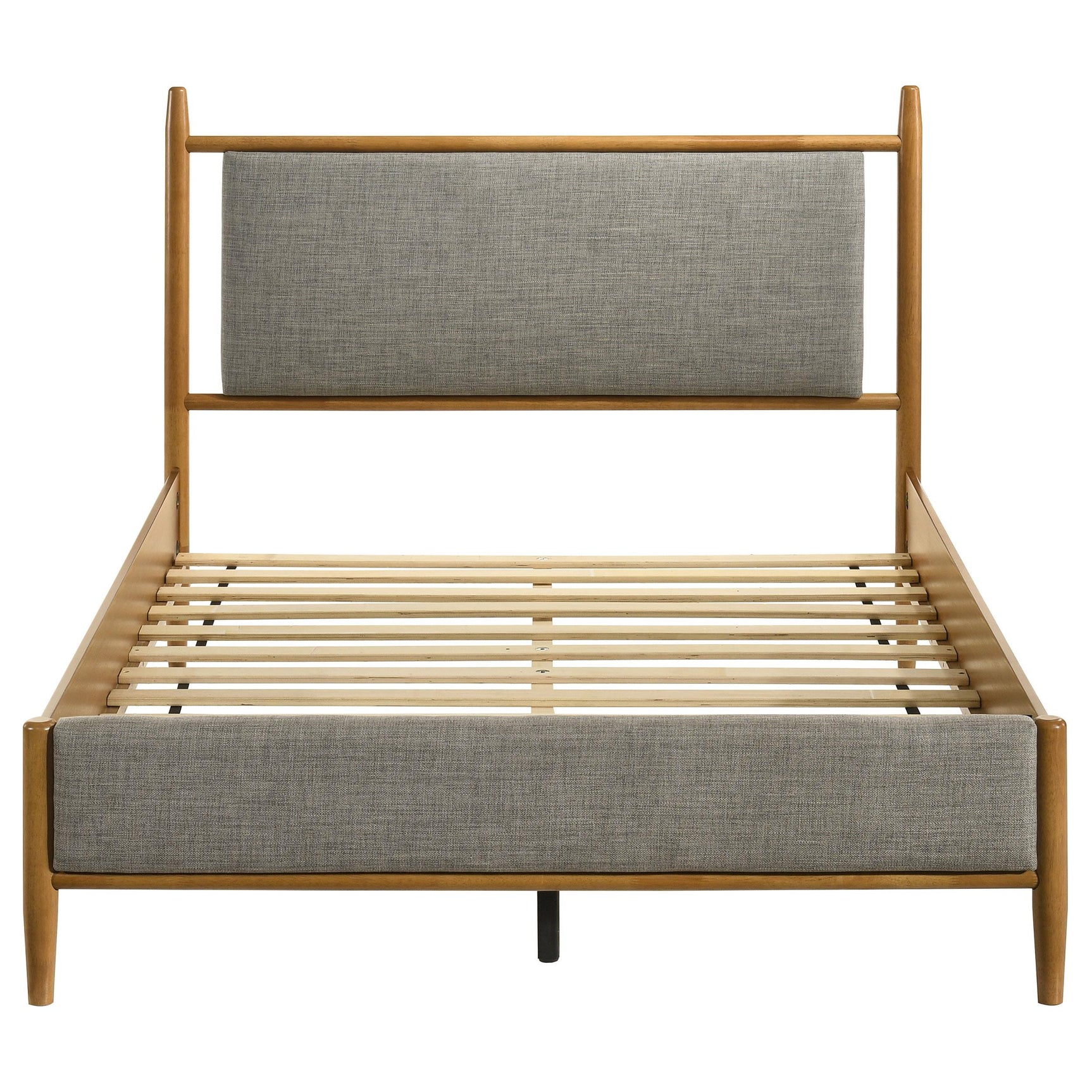 Bed frame showing wood finish and upholstery