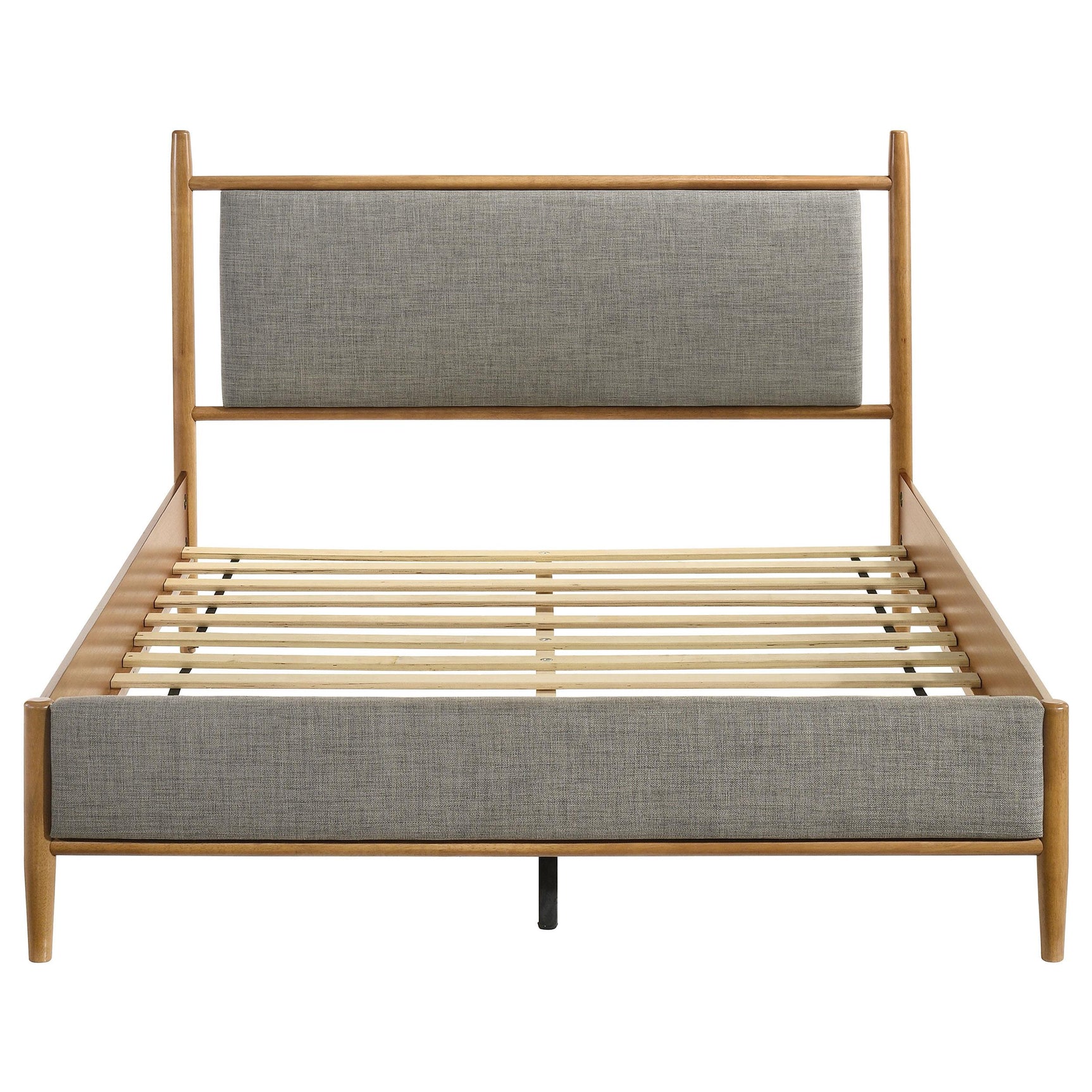Light brown wood frame detail on Mason queen panel platform bed