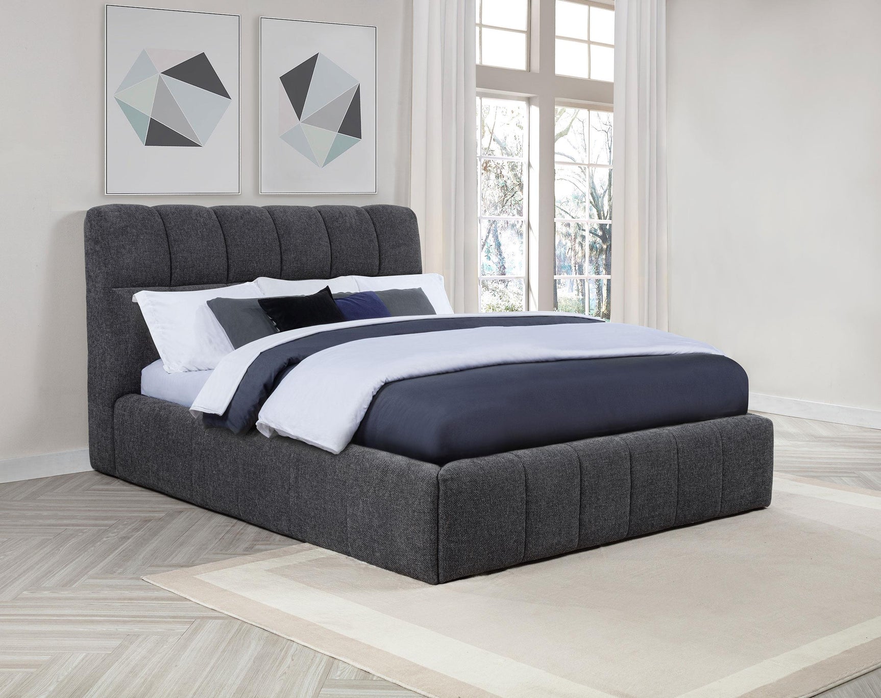 Side angle of Nollet Grey Upholstered Queen Platform Bed