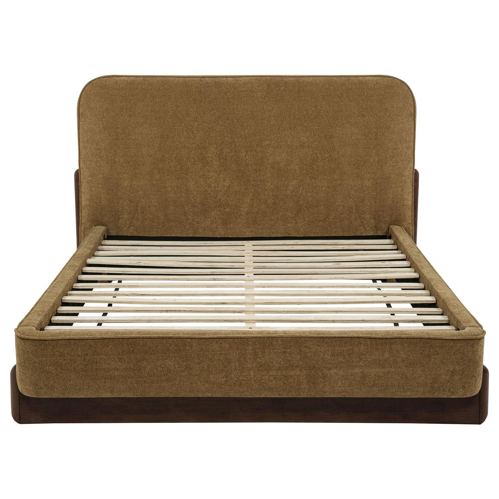 Side angle of Baldacci Upholstered Queen Platform Bed revealing wood legs and slat support
