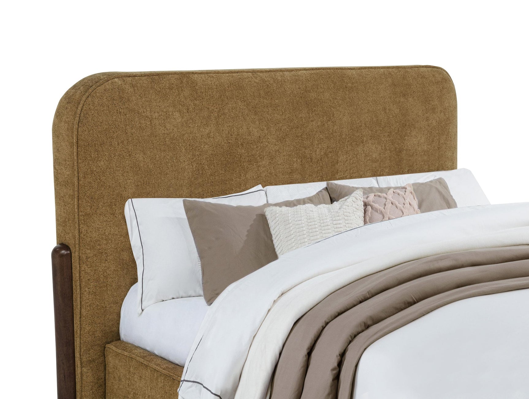 Close-up of the curry fabric upholstery and wooden leg of Baldacci bed