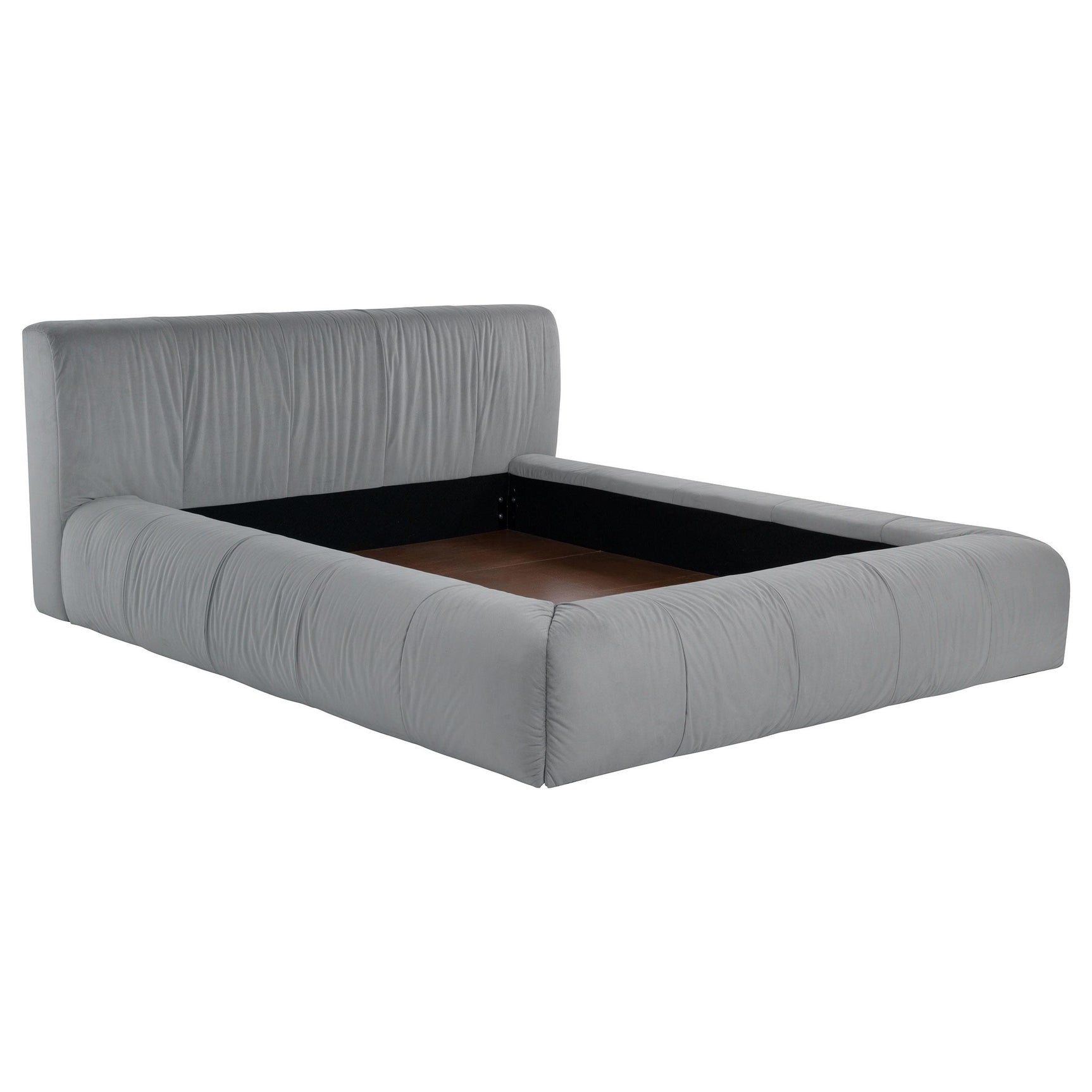 Close-up of grey fabric upholstery on Wilshire queen platform bed headboard