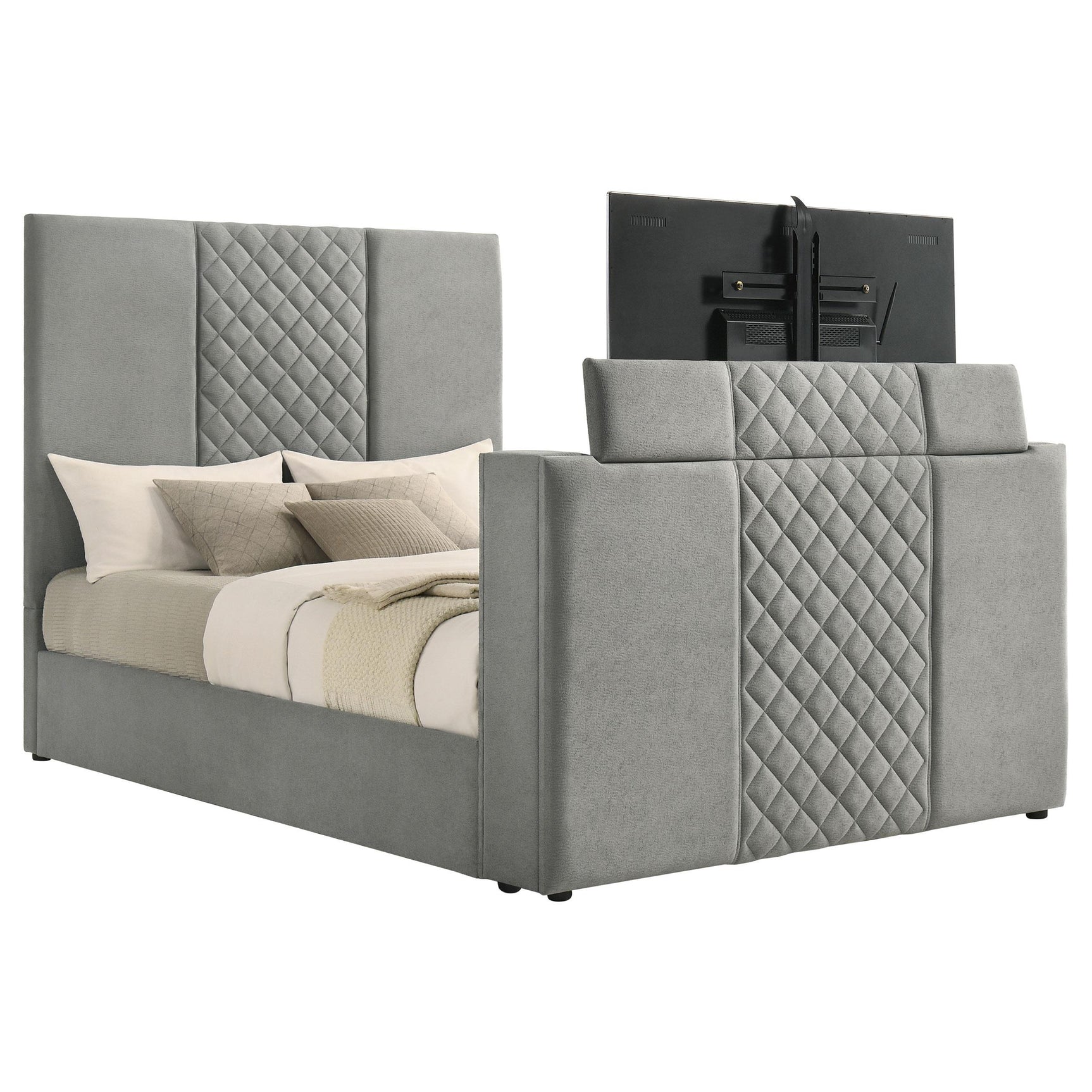 Tara queen bed power outlet integrated in footboard for TV