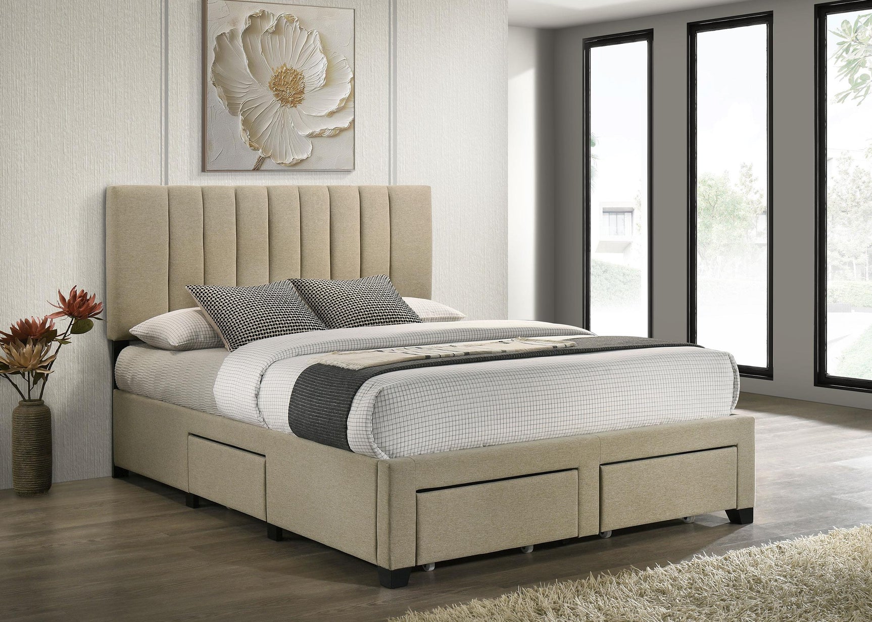 Close-up of Wheatland bed vertical channeled headboard