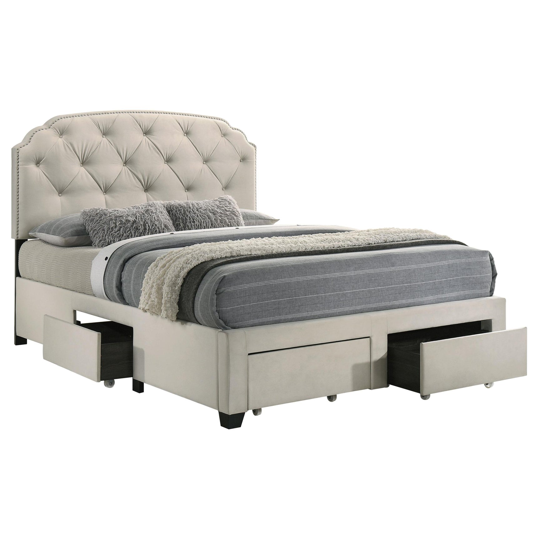 Open drawer of Marianna storage bed showing storage capacity
