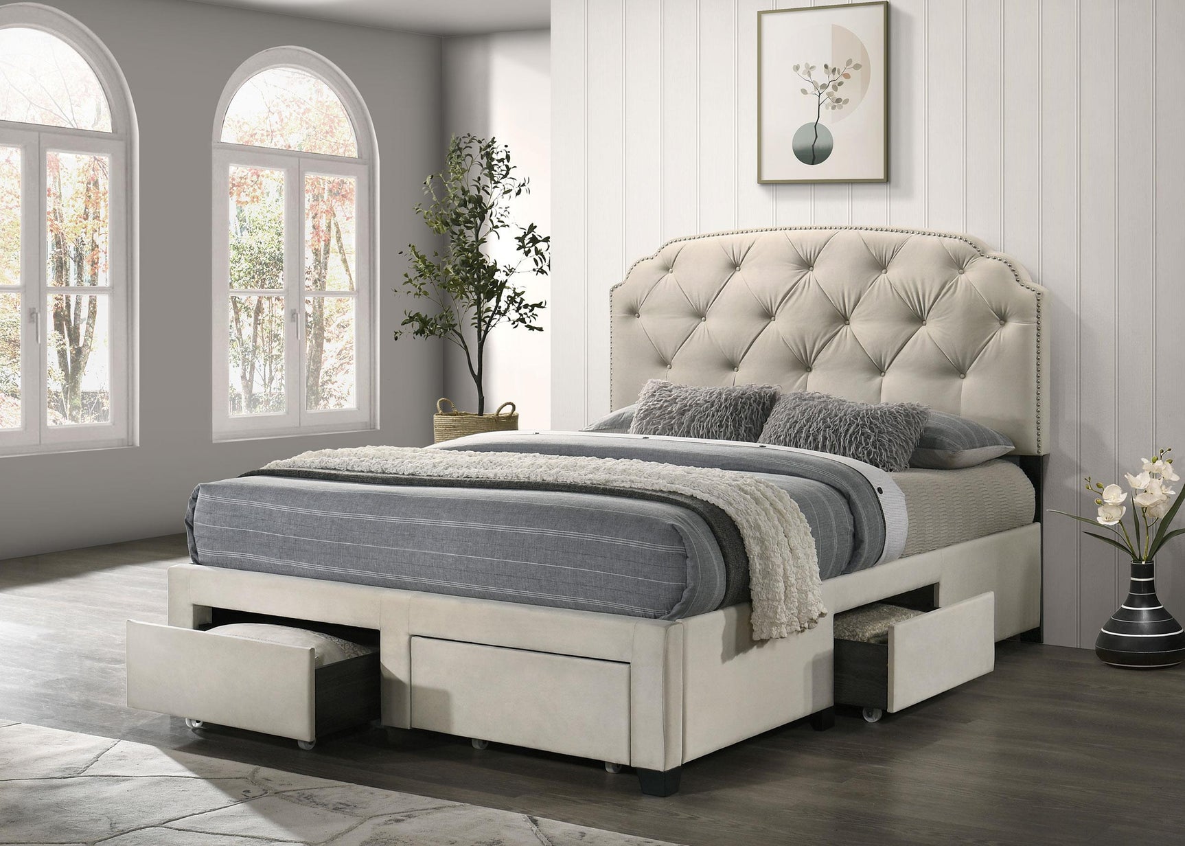 Marianna Eastern King Upholstered Storage Bed tufted headboard close-up