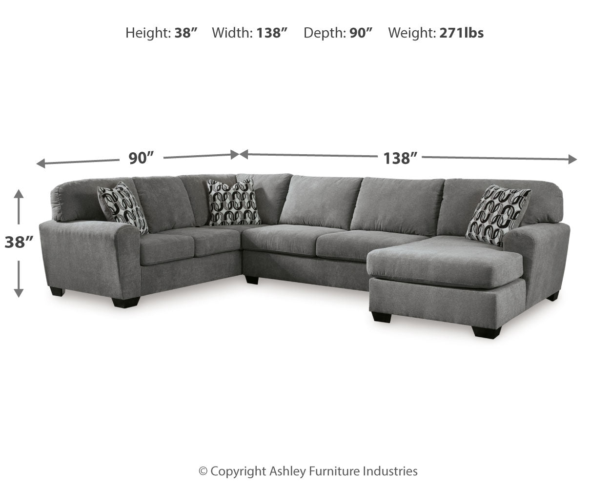 Side dimension view of sectional sofa
