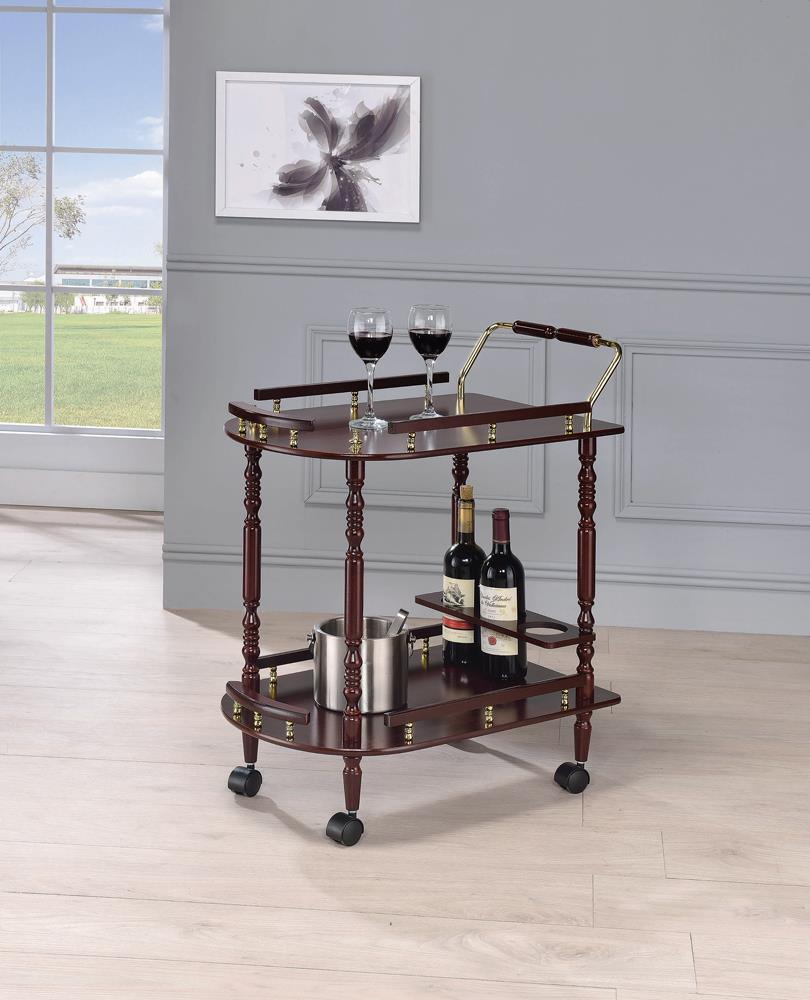 Merlot and Brass 2-Tier Serving Cart side view showing wine rack
