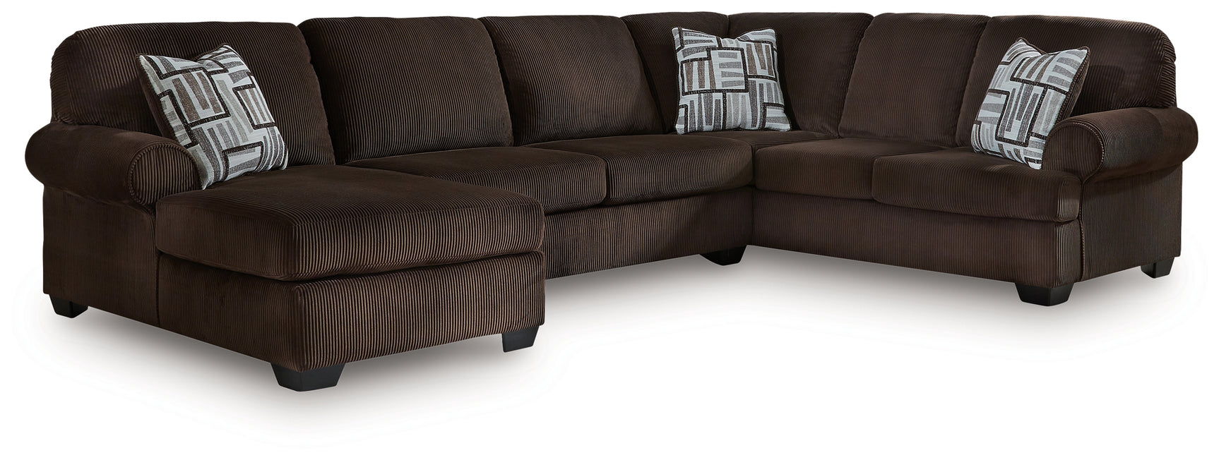 Kimlee Chocolate Velvet 3-Piece Sectional Sofa with Chaise, side angle