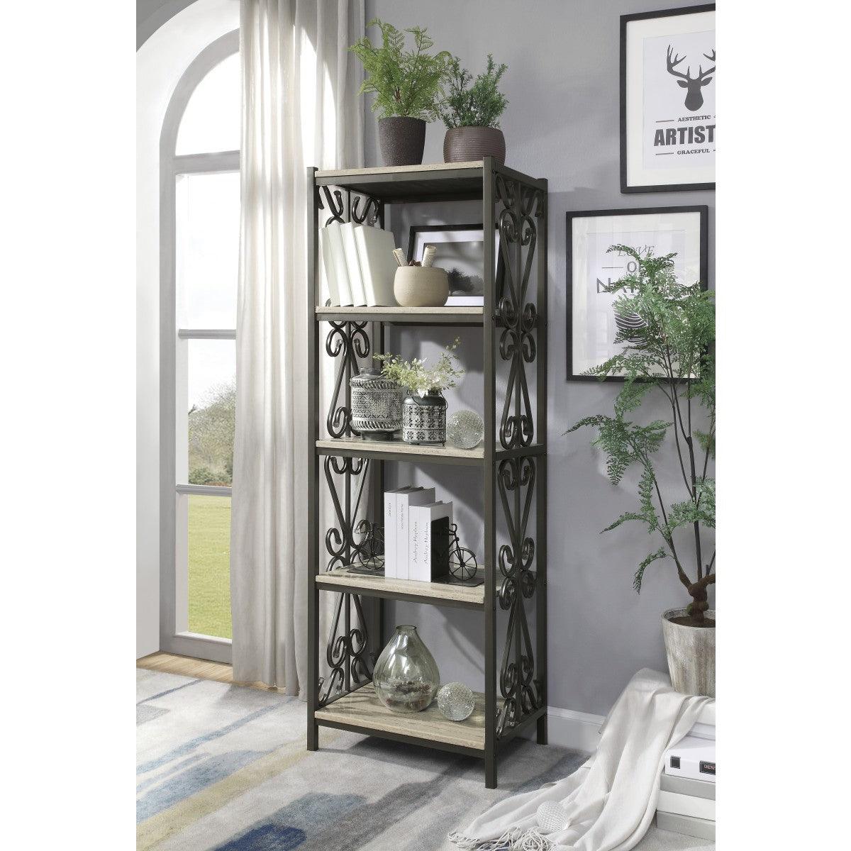 Fairhope black metal side pier with faux marble shelves close-up