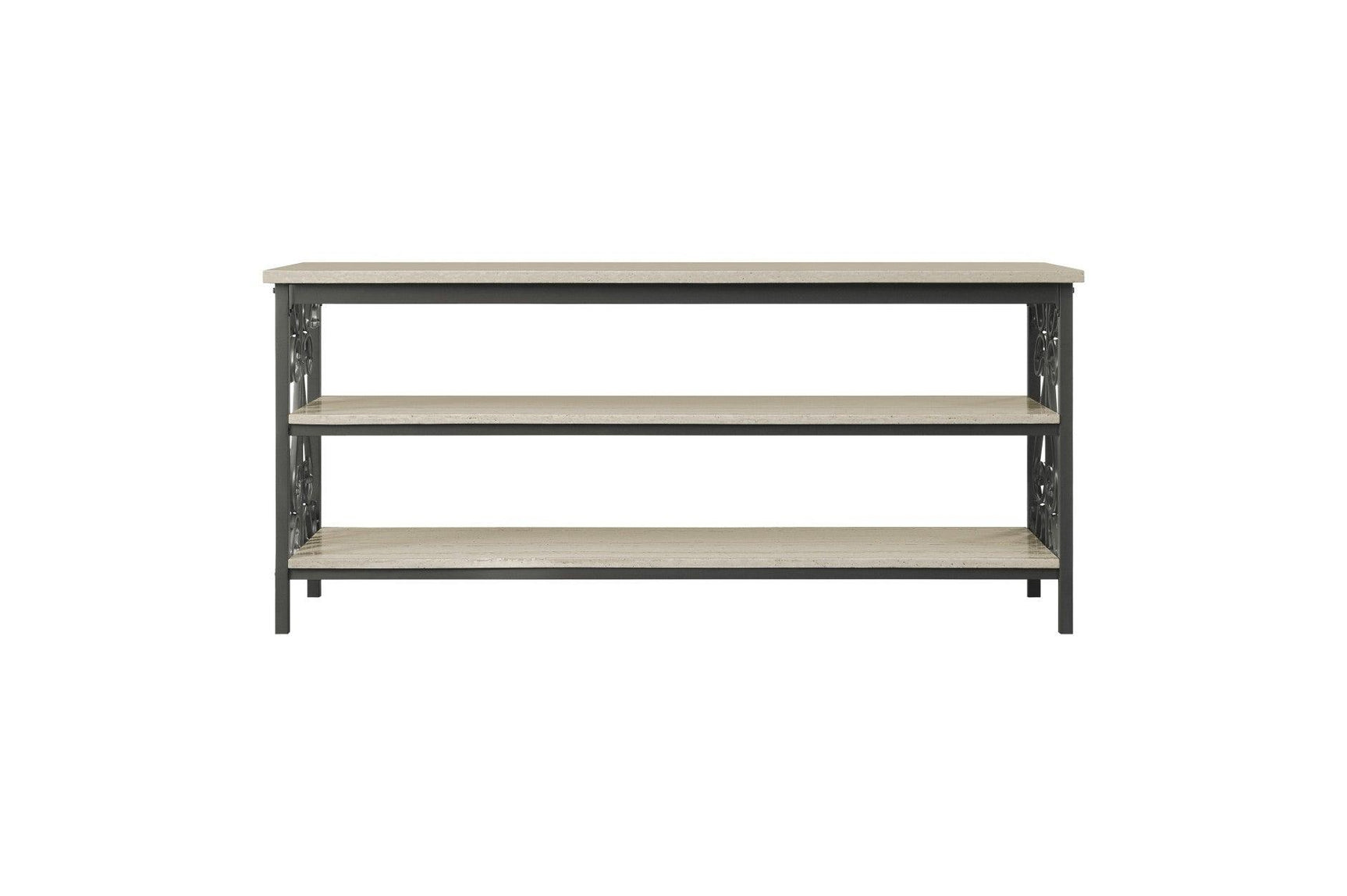 Fairhope Feminine Faux Marble Metal TV Stand with drawers open