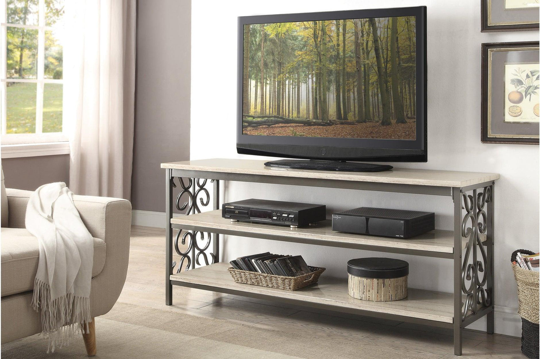 Fairhope Feminine Faux Marble Metal TV Stand side angle