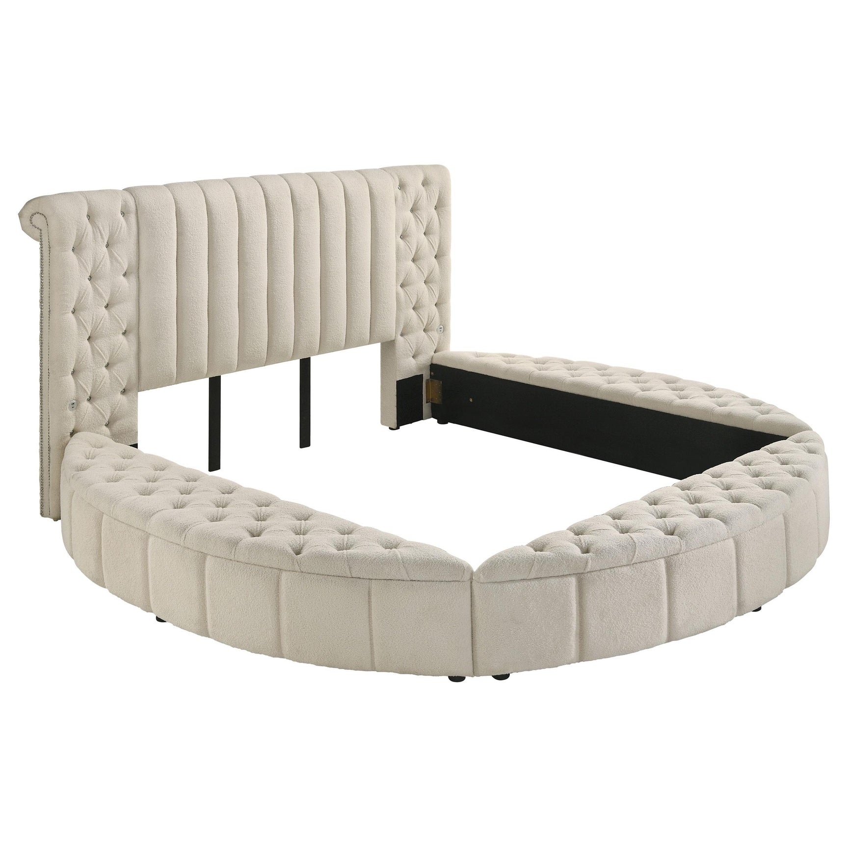 Headboard detail with ivory bouclé fabric and tufting