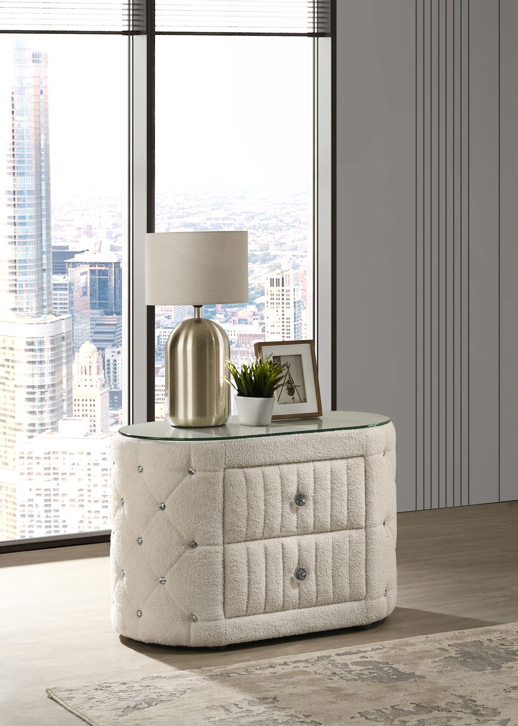 Sonya ivory upholstered nightstand side angle