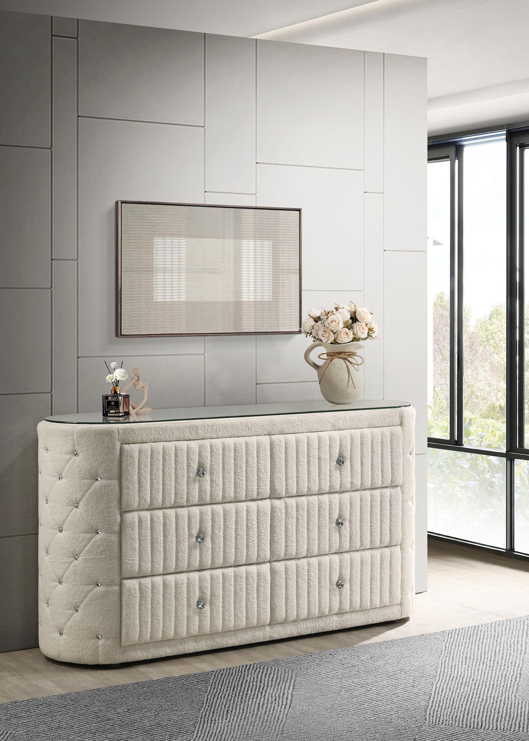 Sonya dresser corner side view showing diamond tufting