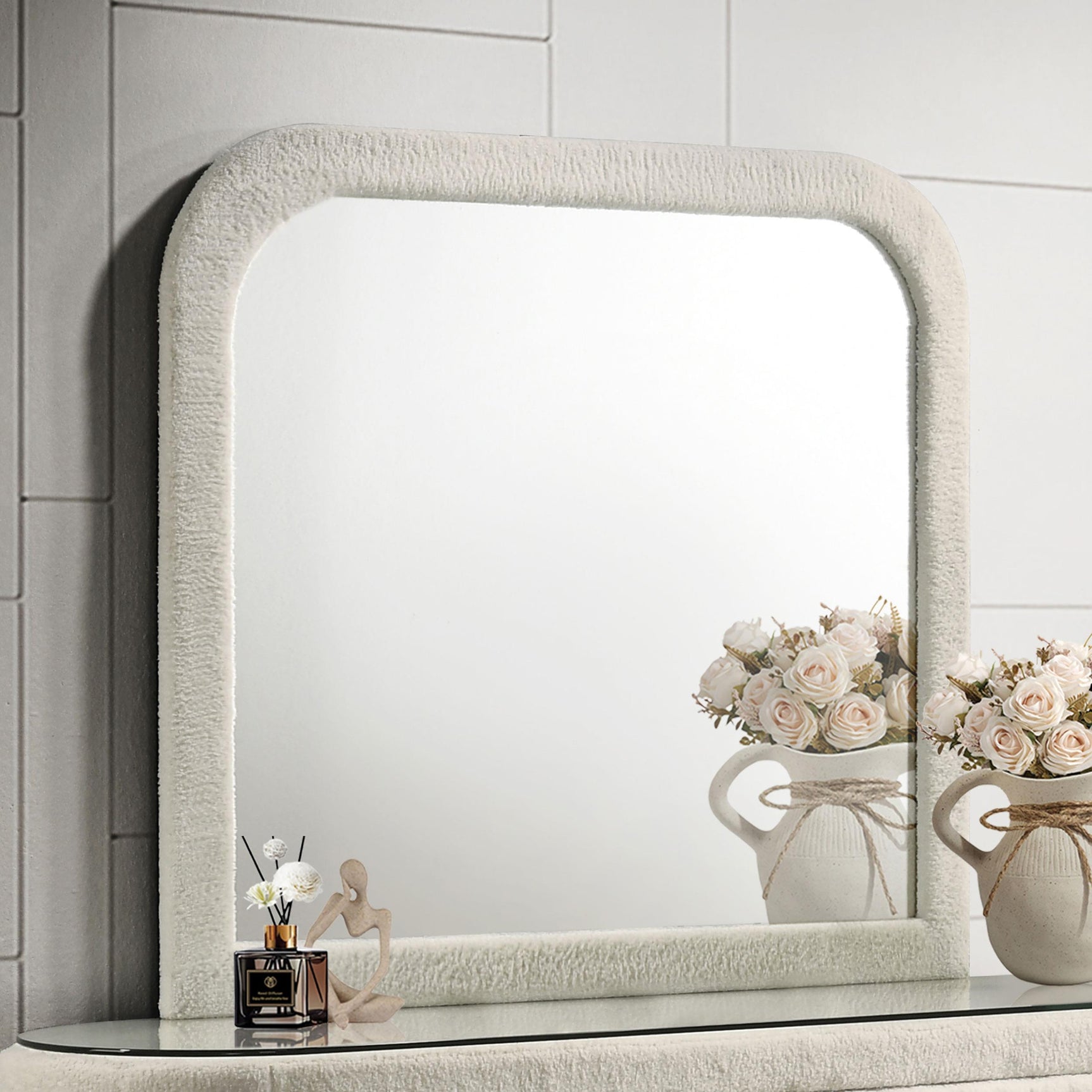 Sonya dresser mirror close-up ivory fabric frame