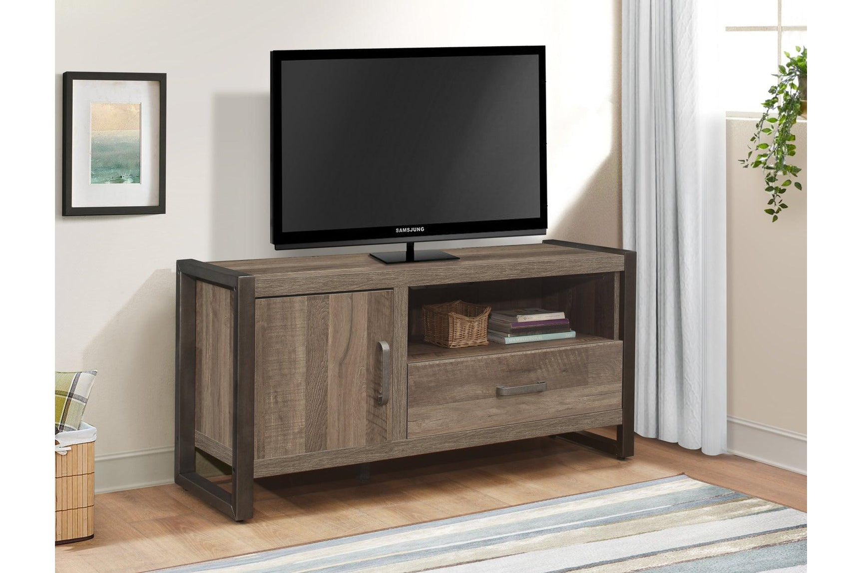 Dogue Brown 51" TV Stand side angle showing door storage and open shelves