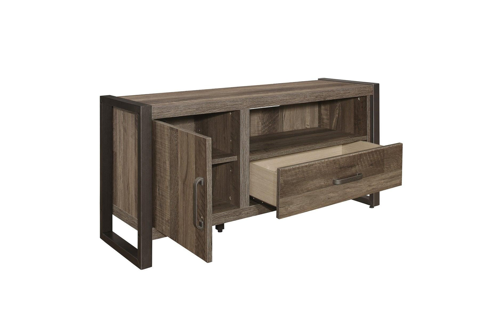 Set of Dogue Brown 51" TV Stand and two 4-Shelf Bookcases arranged in living room