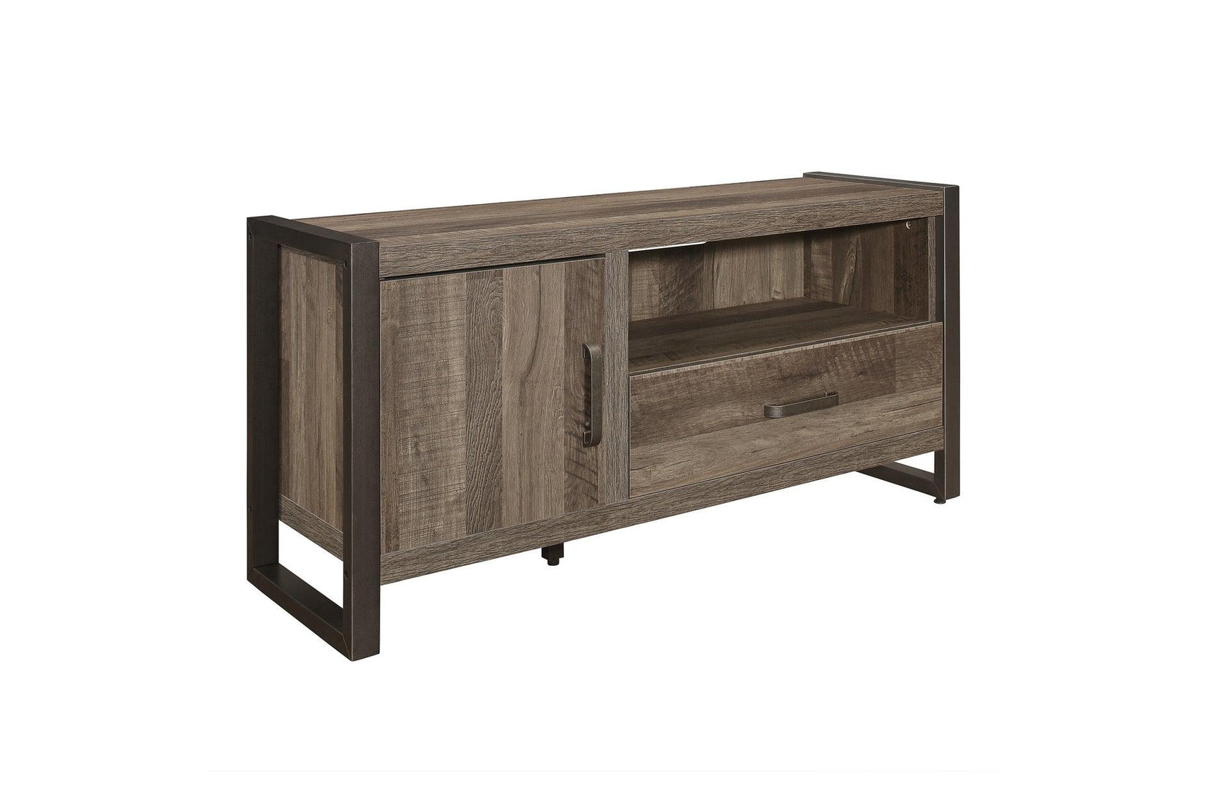 Dogue Brown 4-Shelf Bookcase side view highlighting wood grain veneer and metal frame
