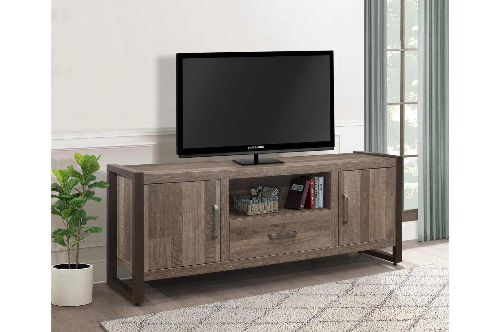 Close-up of dogue brown TV stand metal frame and wood grain veneer