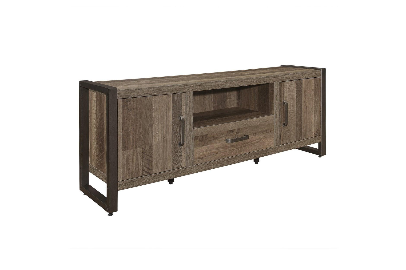 Open storage compartments of Dogue brown 63-inch TV stand